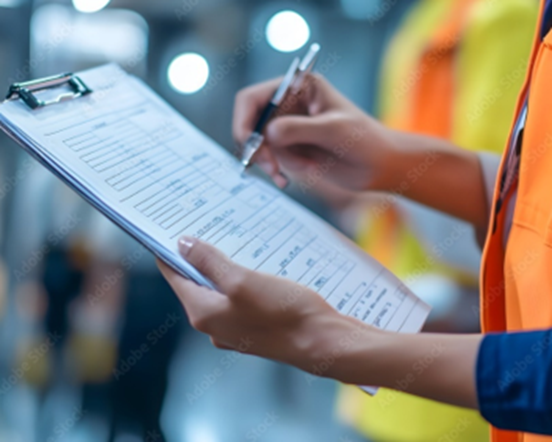 Person in a safety vest filling out a form on a clipboard, likely conducting an inspection or safety audit in an industrial or construction setting.