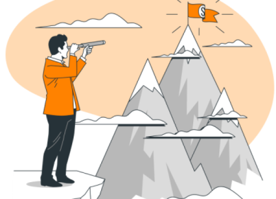 Man looking through a scope at a mountain with a flag on it